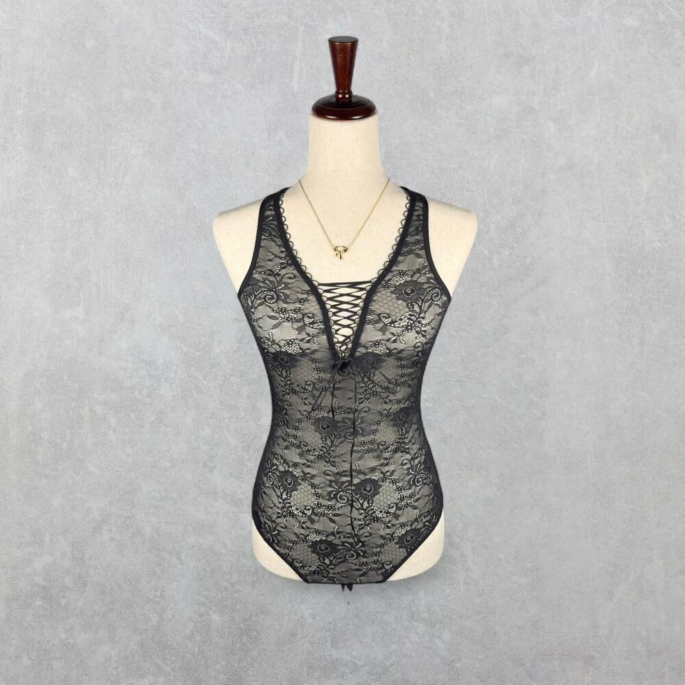 Cosabella Black Sheer Floral Lace Italian Lingerie Lace Up Bodysuit
